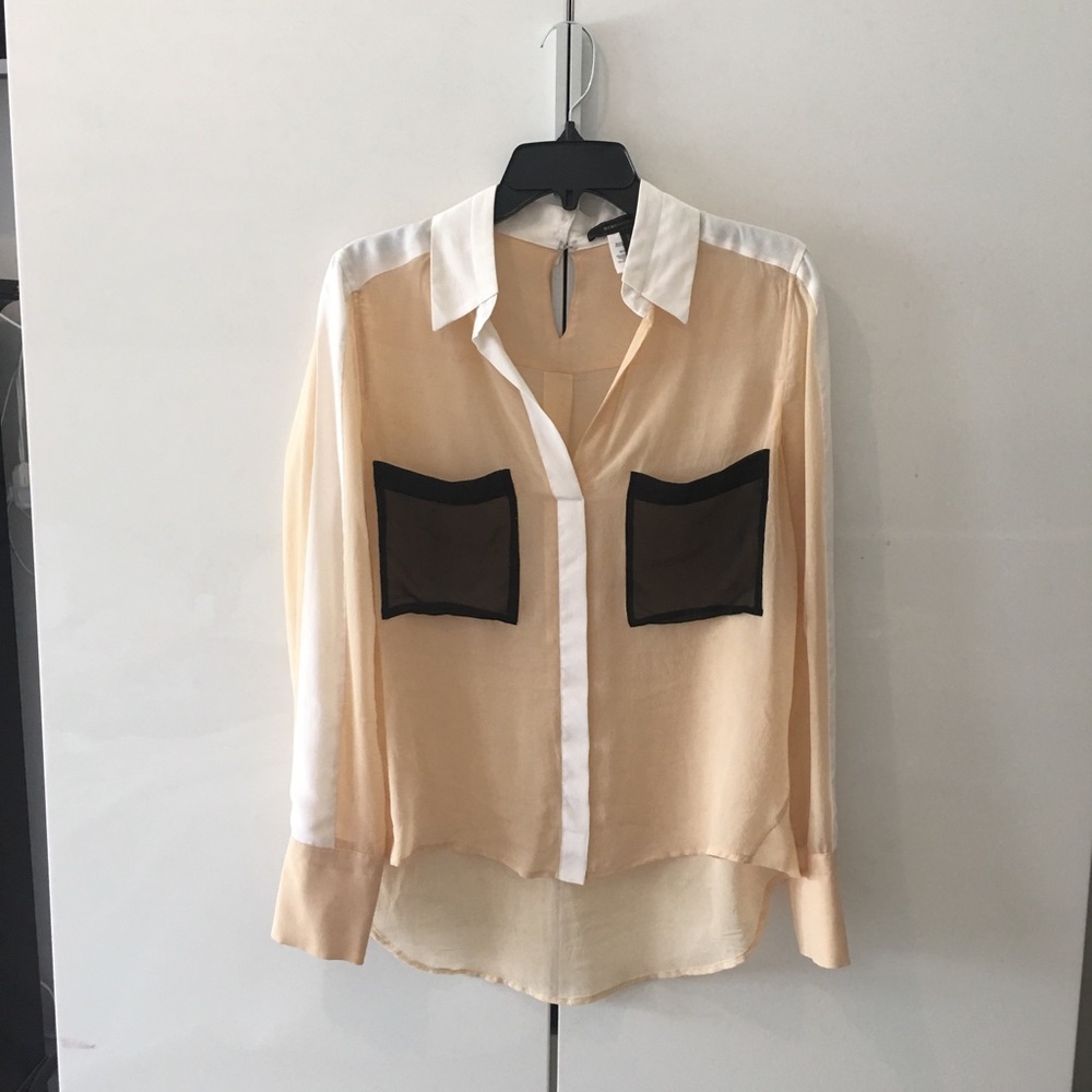 BCBGMaxAzria sheer blouse. Creme, white and black